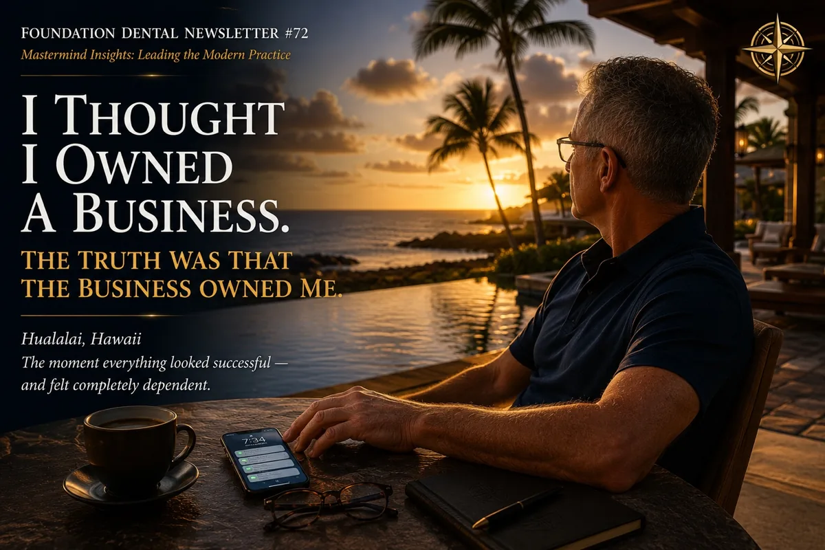 Dr. Jim Arnold at a table overlooking the ocean in Hualalai, Hawaii. Caption: I thought I owned a business. The truth was that the business owned me.