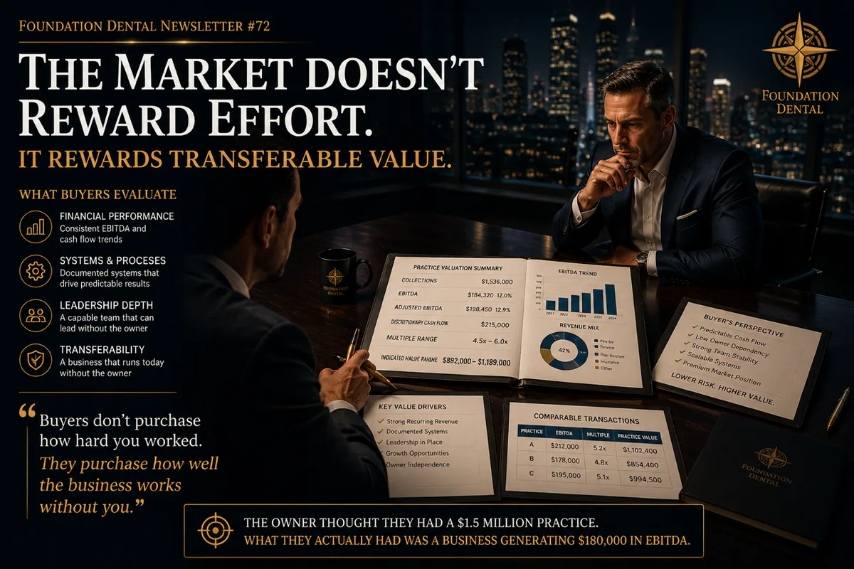 Two men reviewing financial documents in a boardroom. Caption: the market doesn't reward effort, it rewards transferable value. Buyers don't purchase how hard you worked, they purchase how well the business works without you.