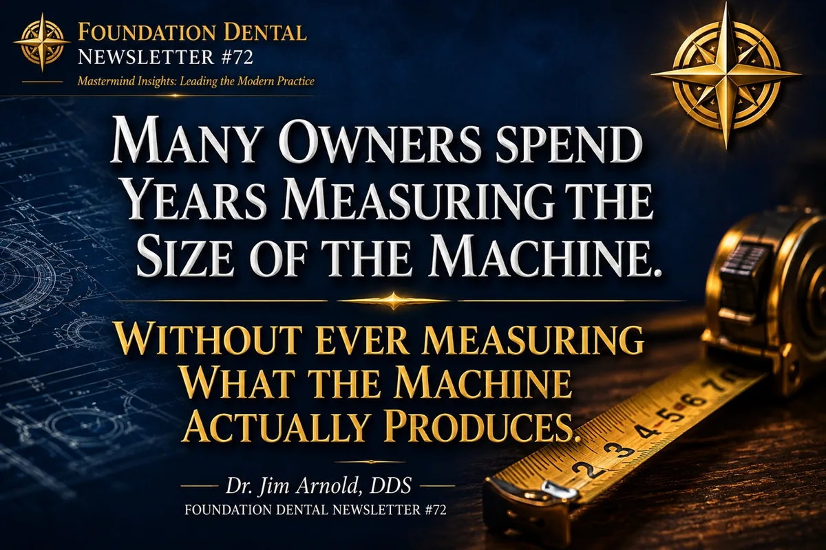 A brass measuring instrument on a dark surface. Caption: many owners spend years measuring the size of the machine without ever measuring what the machine actually produces. Dr. Jim Arnold, DDS.