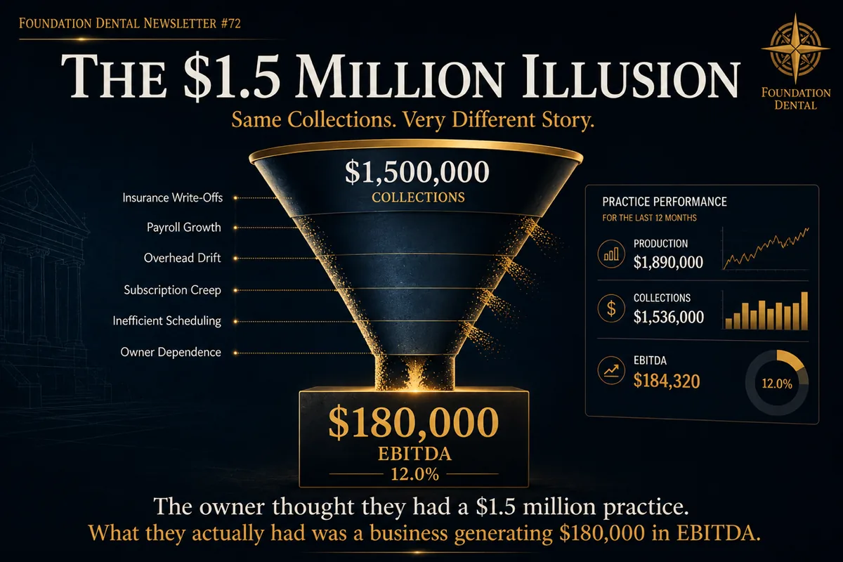 Diagram, the $1.5 million illusion. $1,500,000 in collections narrows through insurance write-offs, payroll growth, overhead drift, subscription creep, inefficient scheduling and owner dependence down to $180,000 of EBITDA, or 12 percent. The owner thought they had a $1.5 million practice. What they actually had was a business generating $180,000 in EBITDA.