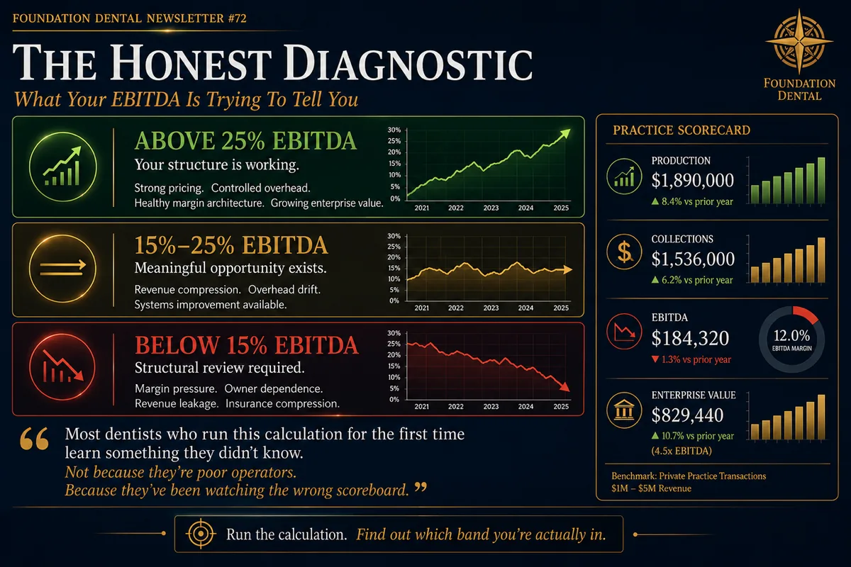 Chart, the honest diagnostic: what your EBITDA is trying to tell you. Above 25 percent means your structure is working. 15 to 25 percent means meaningful opportunity exists. Below 15 percent calls for structural review.