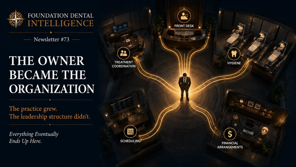 A figure standing at the centre of a hub connected to the front desk, treatment coordination, hygiene, scheduling and financial arrangements. Caption: the owner became the organization. The practice grew, the leadership structure didn't.