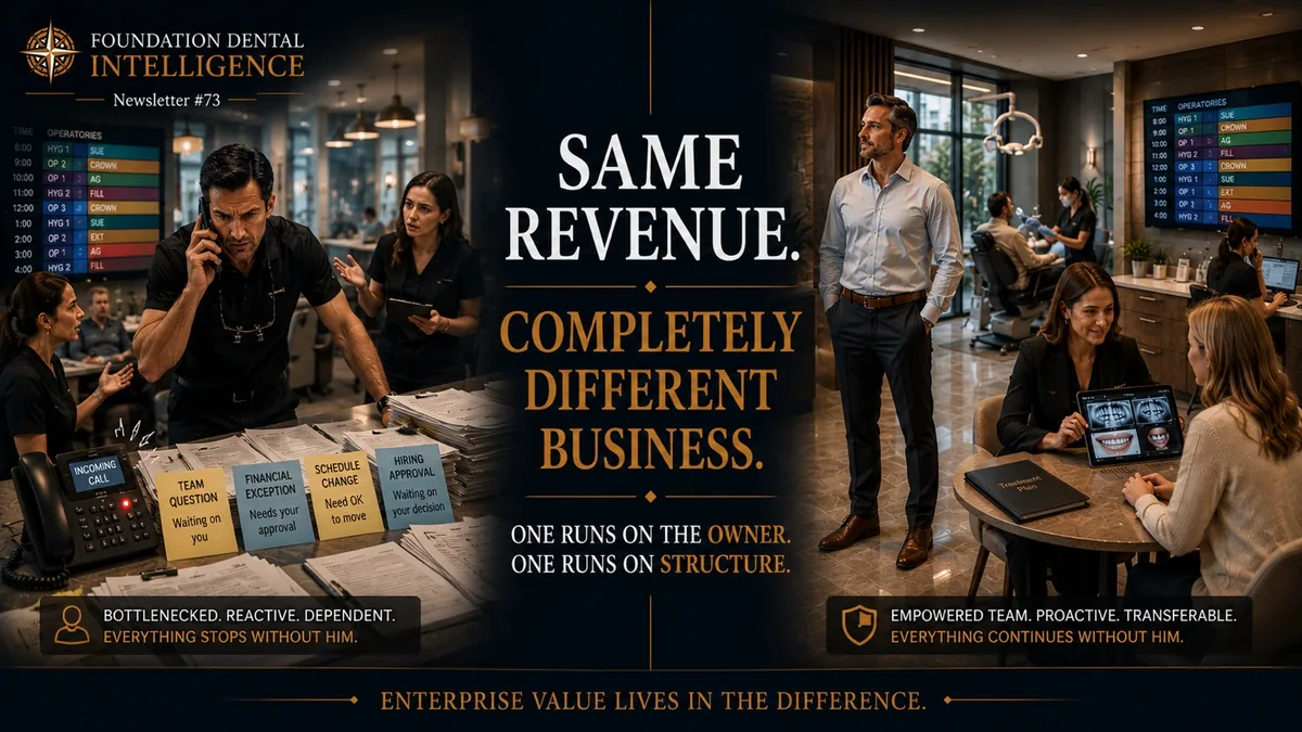 Split image of two practices. Caption: same revenue, completely different business. One runs on the owner, the other runs on structure. Enterprise value lives in the difference.