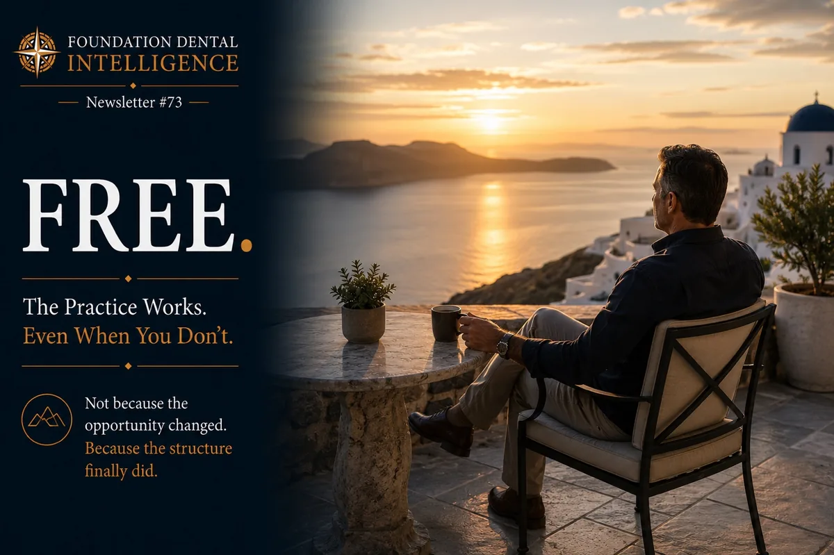 A man sitting alone looking out over the sea at sunset. Caption: free. The practice works even when you don't. Not because the opportunity changed, because the structure finally did.