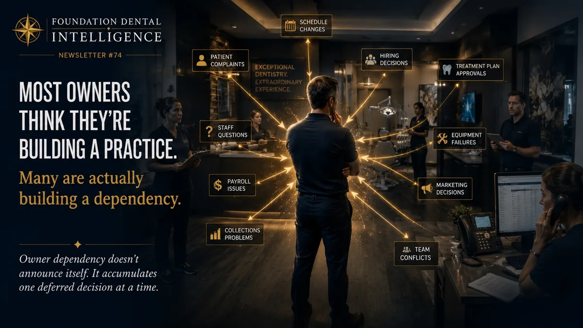 A figure at the centre of a web of practice decisions. Caption: most owners think they're building a practice. Many are actually building a dependency. Owner dependency doesn't announce itself, it accumulates one deferred decision at a time.