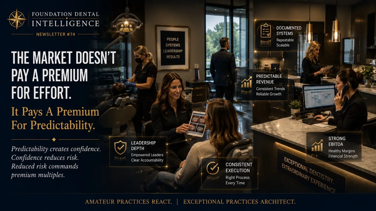 A busy practice with systems running in the background. Caption: the market doesn't pay a premium for effort. It pays a premium for predictability. Predictability creates confidence, confidence reduces risk, reduced risk commands premium multiples.