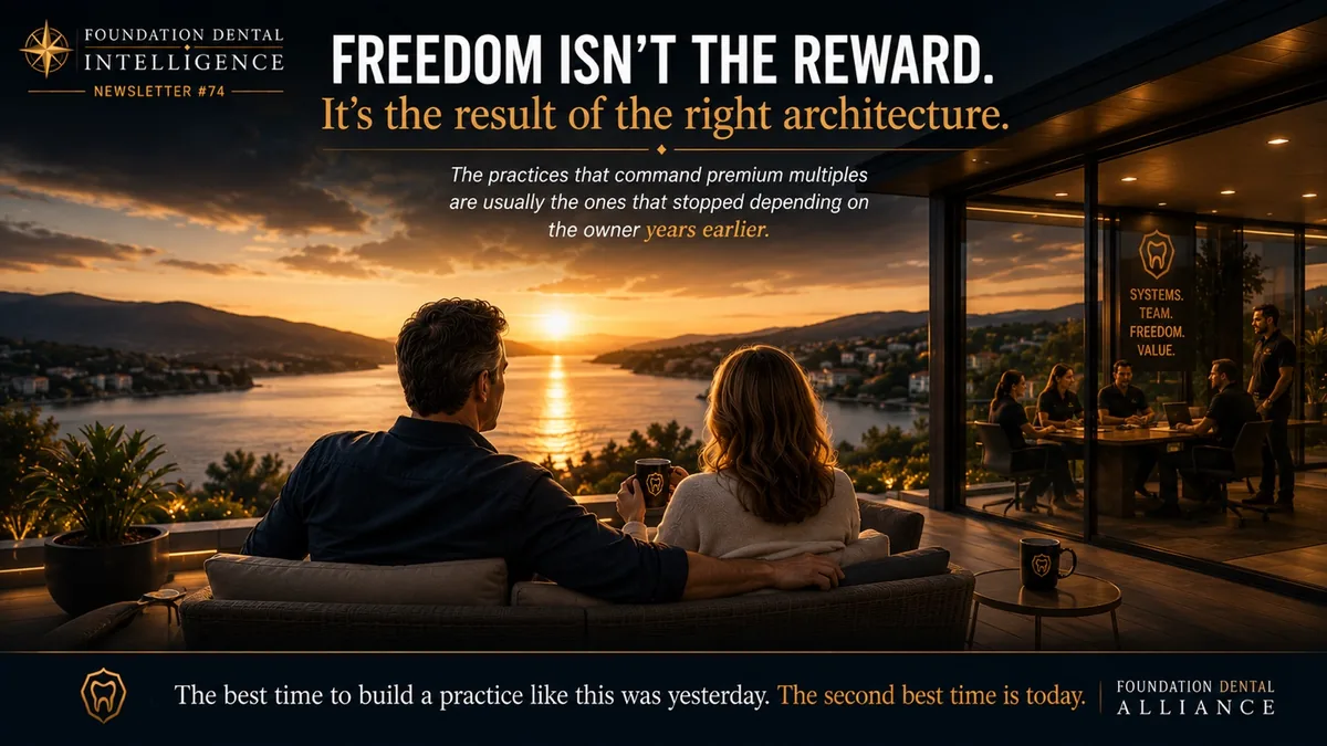 A couple watching the sunset from a terrace. Caption: freedom isn't the reward, it's the result of the right architecture. The best time to build a practice like this was yesterday, the second best time is today.
