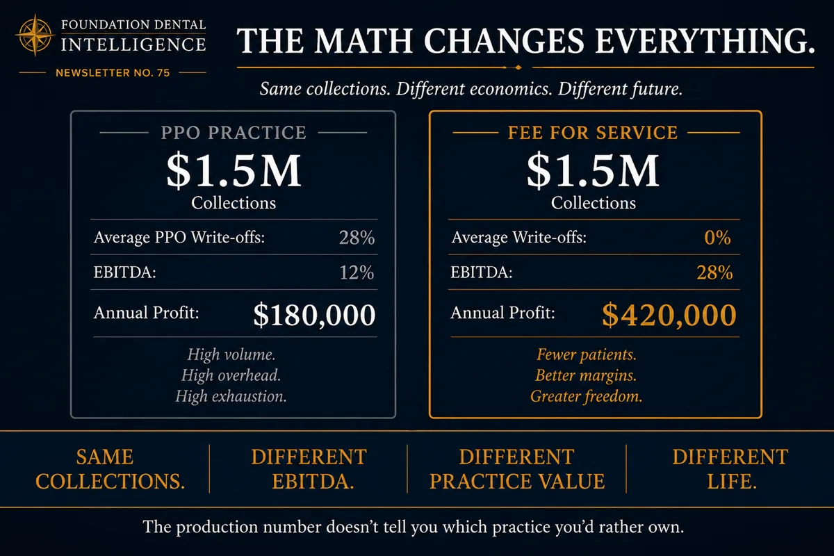 Comparison, the math changes everything. A PPO practice collecting $1.5M with 28 percent average write-offs and 12 percent EBITDA returns $180,000 annual profit through high volume and high exhaustion. A fee-for-service practice collecting the same $1.5M with no write-offs and 28 percent EBITDA returns $420,000 through fewer patients and better margins.