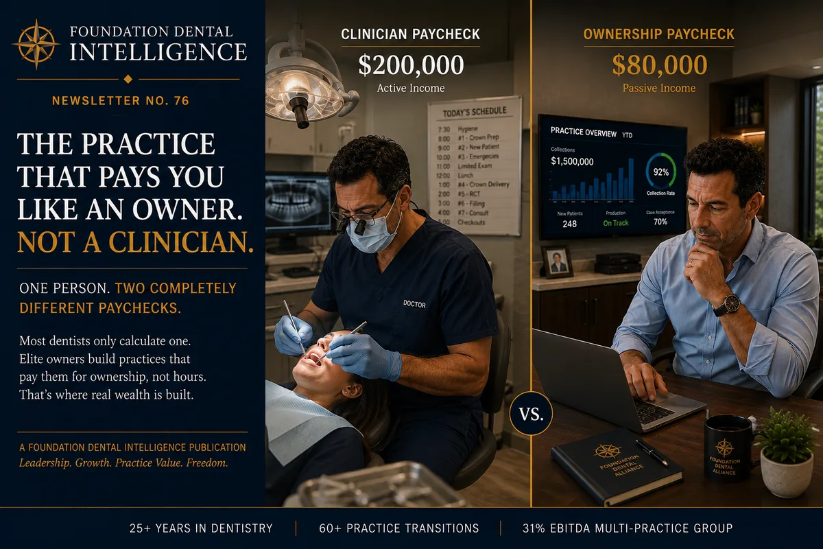 Comparison of two paychecks for the same person: a clinician paycheck of $200,000 for active dentistry against an ownership paycheck of $80,000. Caption: the practice that pays you like an owner, not a clinician.