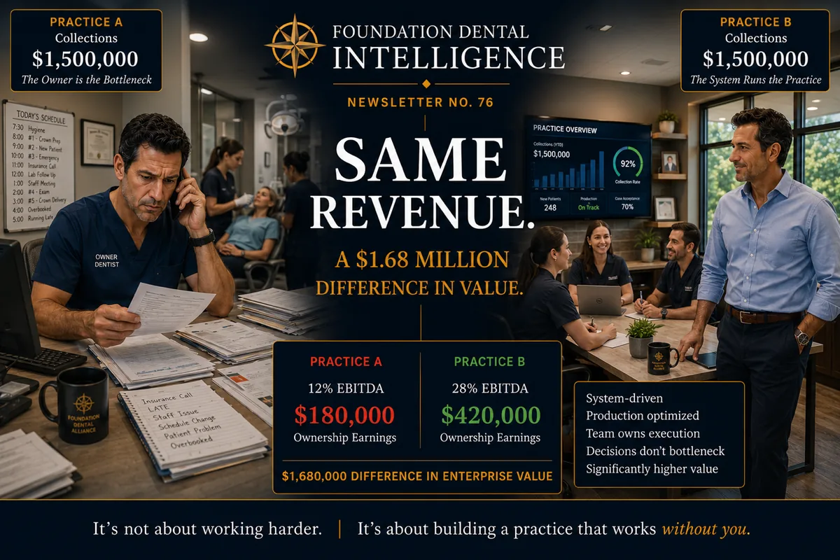 Comparison, same revenue, a $1.68 million difference in value. Practice A collects $1,500,000 at 12 percent EBITDA for $180,000 of ownership earnings. Practice B collects the same at 28 percent for $420,000. It's not about working harder, it's about building a practice that works without you.