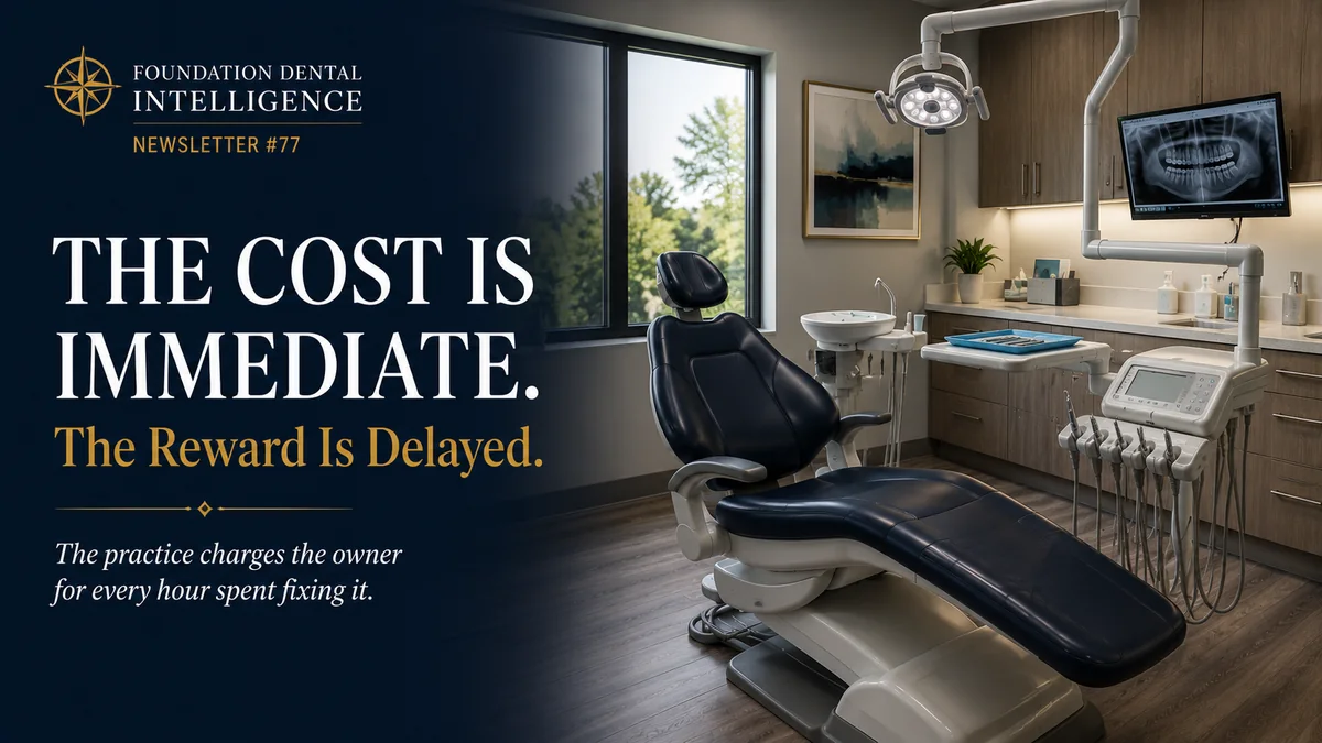 An empty dental operatory. Headline: the cost is immediate, the reward is delayed. The practice charges the owner for every hour spent fixing it.