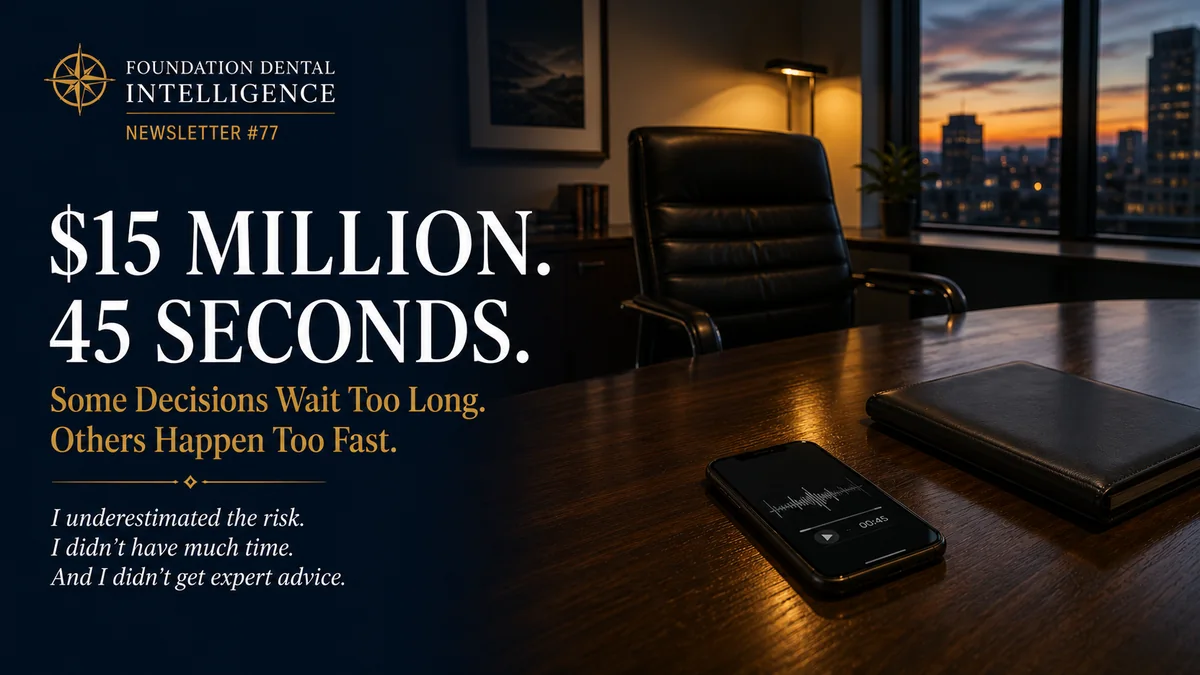 A dark executive office at dusk. Headline: fifteen million dollars, forty-five seconds. Some decisions wait too long, others happen too fast.