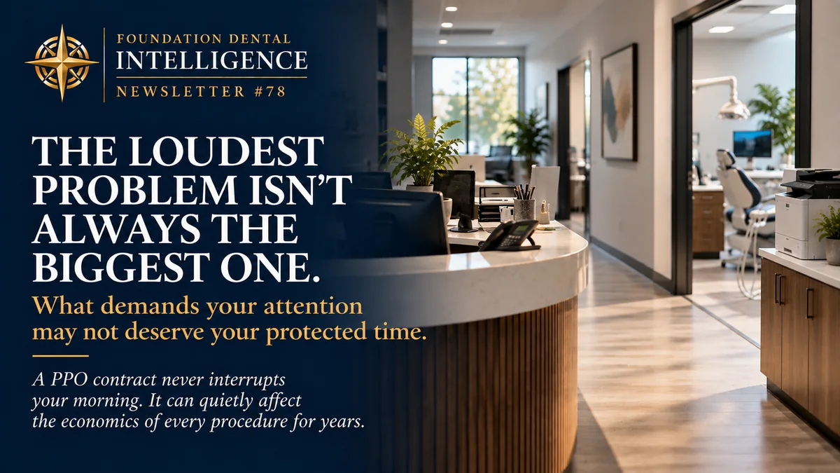 A quiet dental reception at first light. Headline: the loudest problem isn’t always the biggest one. What demands your attention may not deserve your protected time.