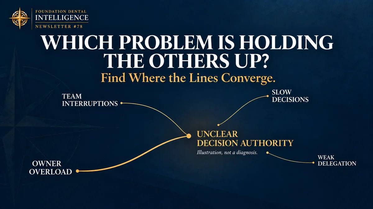 A diagram of four visible problems, team interruptions, owner overload, slow decisions and weak delegation, all tracing back to one root cause: unclear decision authority. Headline: which problem is holding the others up?
