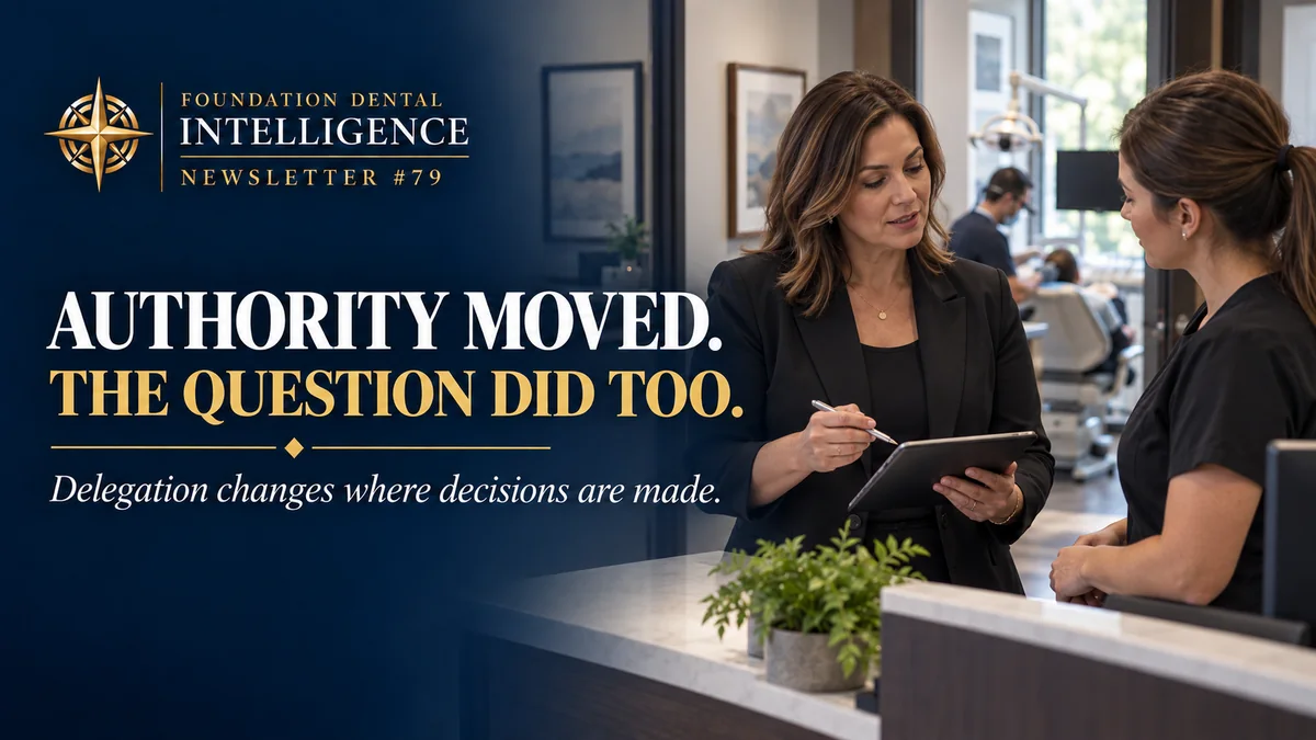 An office manager with a tablet talking with a team member at the front desk. Headline: authority moved, and the question did too. Delegation changes where decisions are made.