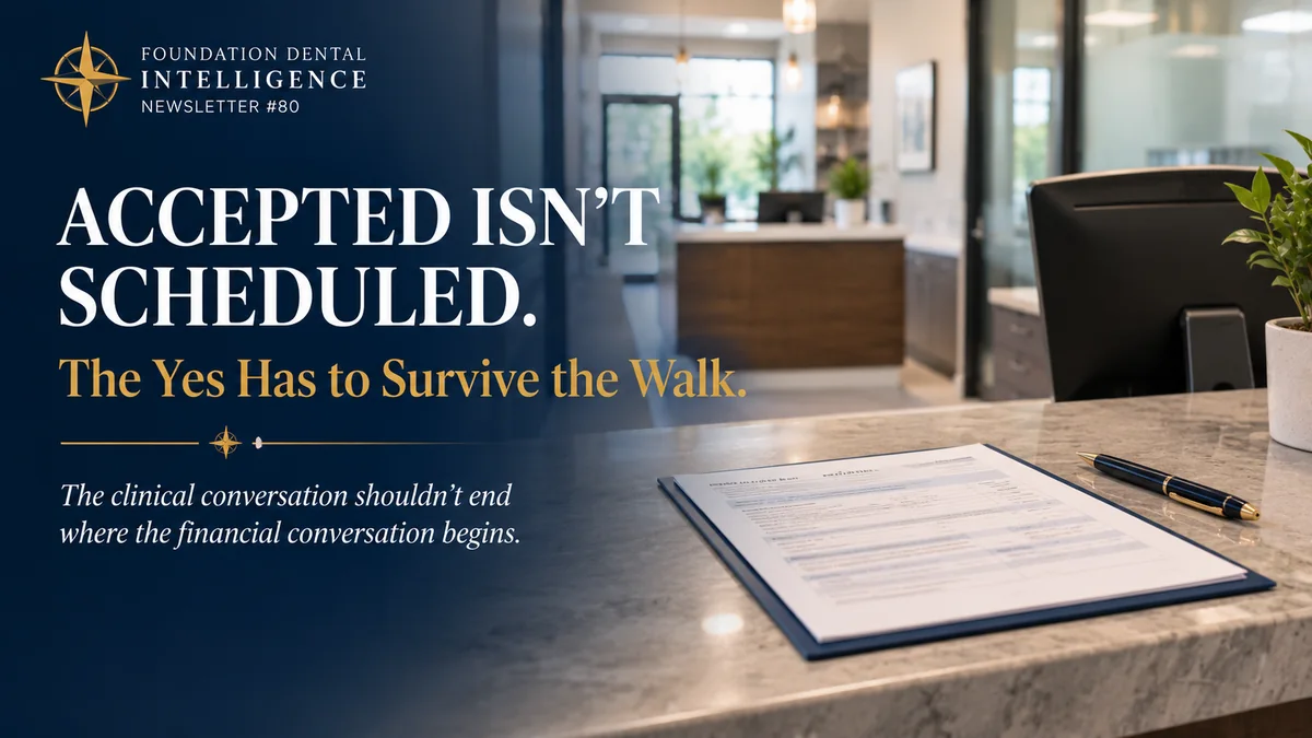 A front desk counter with a treatment plan and pen, seen from the hallway. Headline: accepted isn’t scheduled. The yes has to survive the walk. The clinical conversation shouldn’t end where the financial conversation begins.