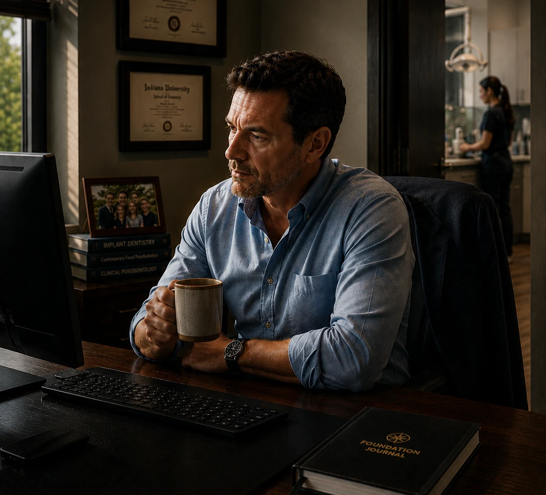 A practice owner at his desk with coffee before the day begins