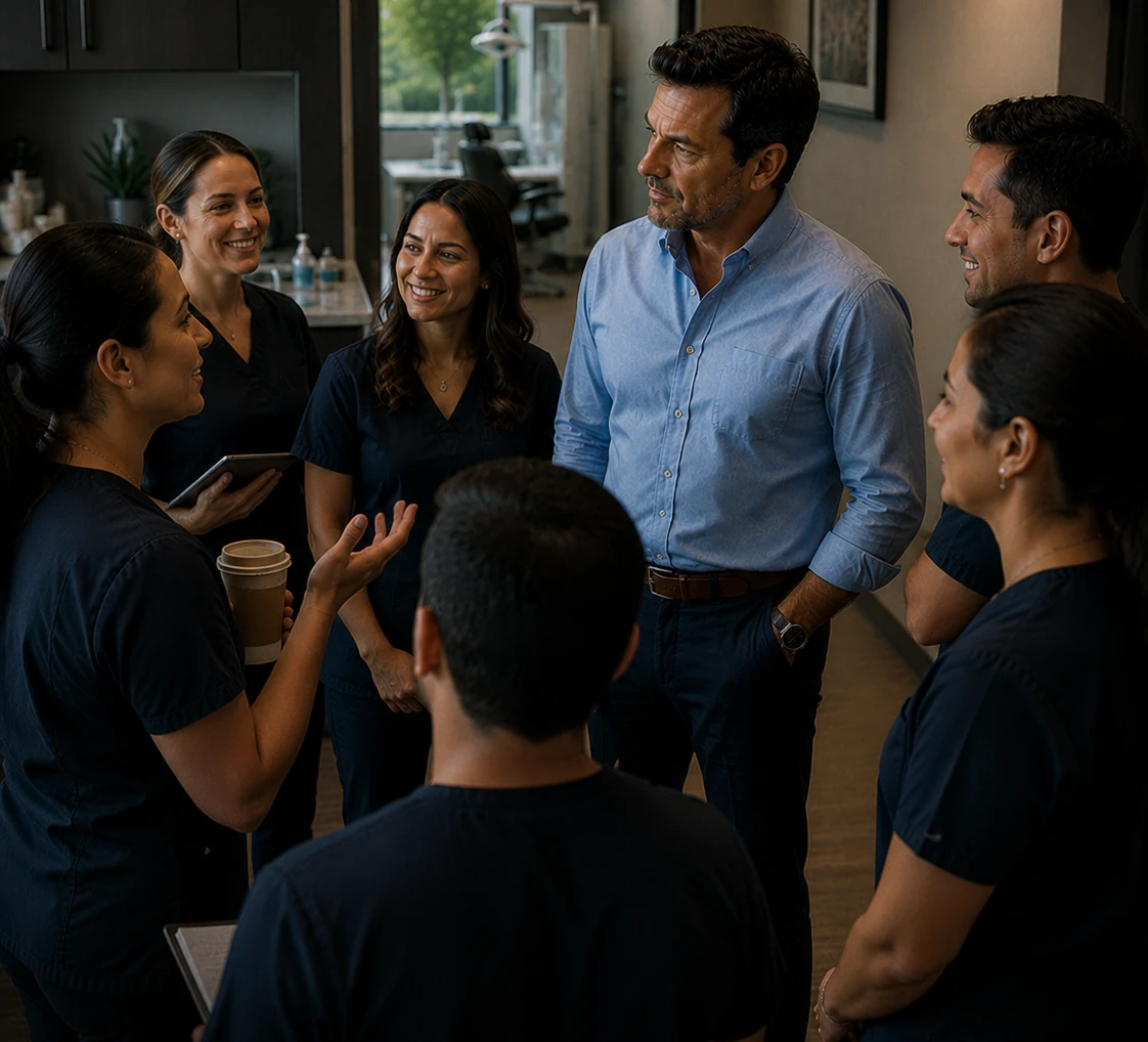 A dentist and his team in conversation before the day starts