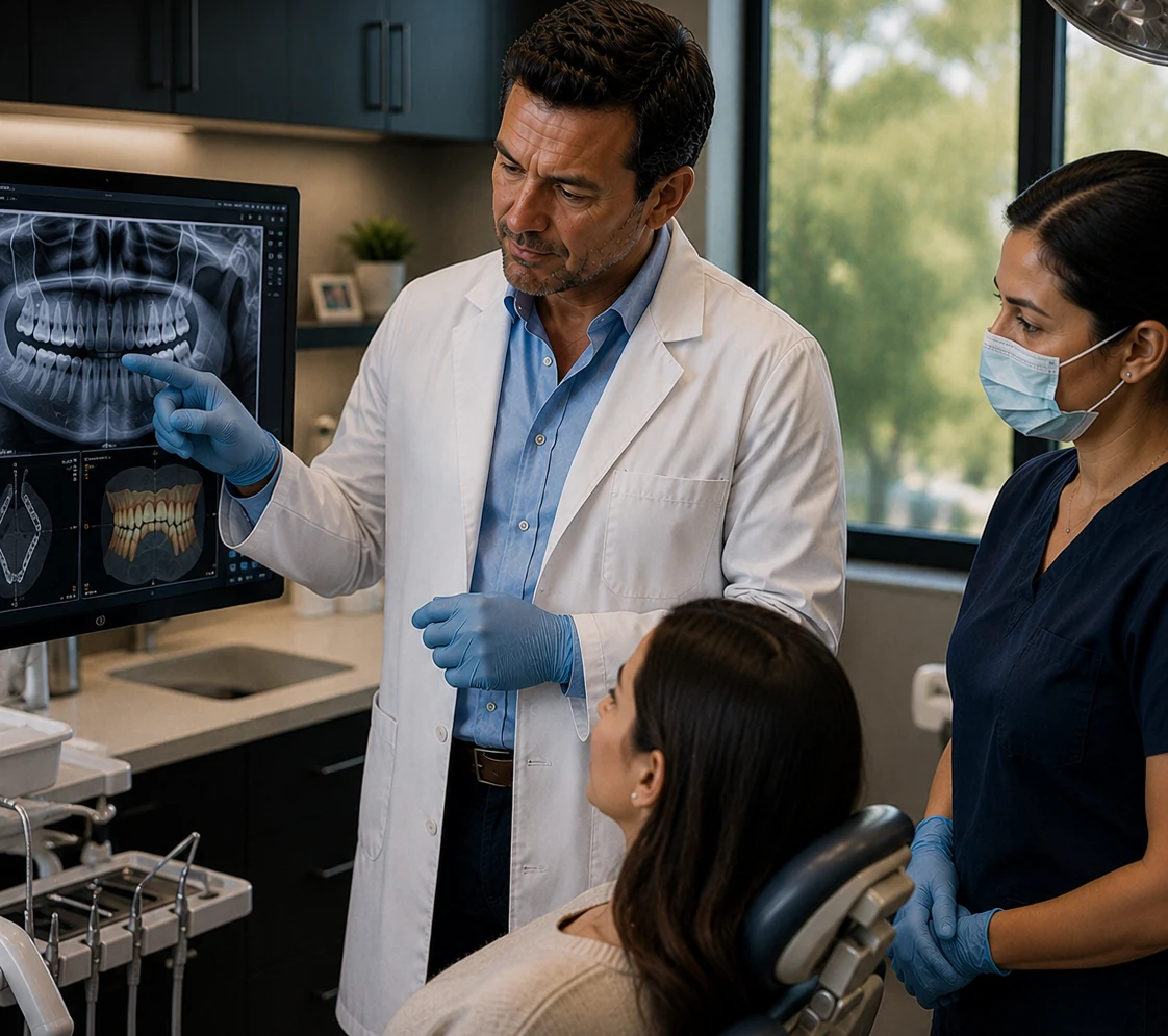 A dentist reviewing imaging with a patient chairside