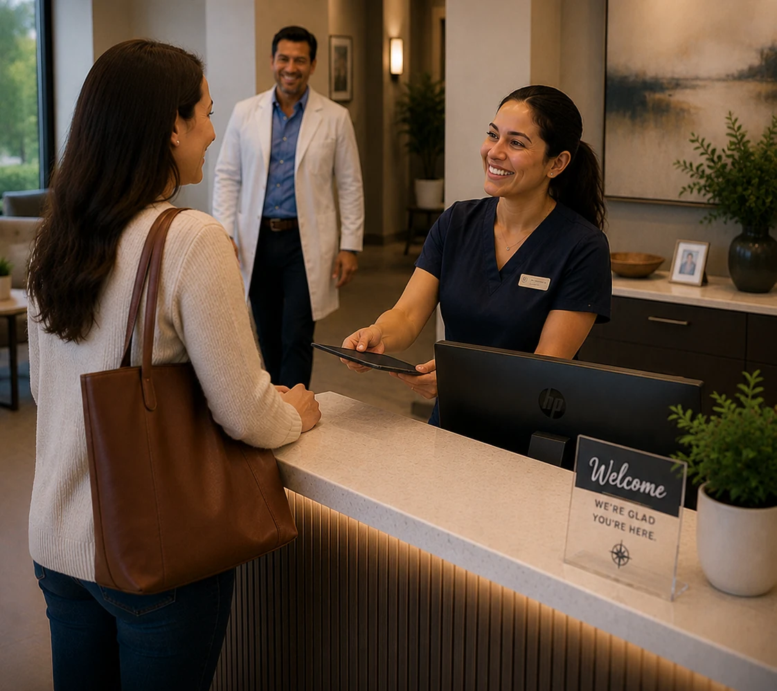 A patient being welcomed at the front desk