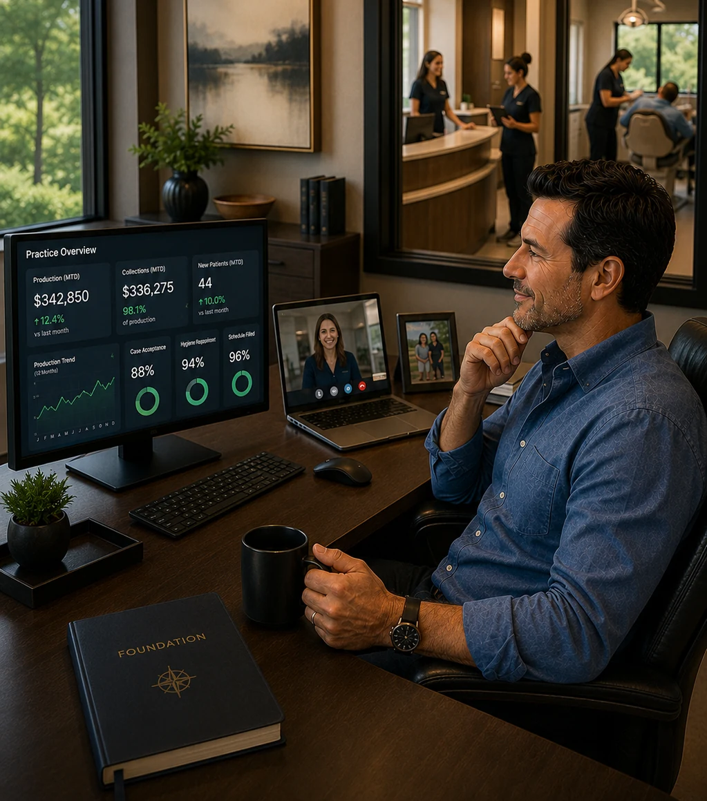 A practice owner reviewing performance dashboards from his office